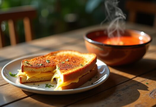 Melted Cheese Between Crunchy Bread Wedges Paired with Vibrant Tomato Soup in a Rustic Setting
