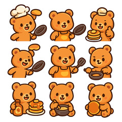 Fototapeta premium Cute cartoon bears cooking pancakes with kitchen utensils and ingredients.
