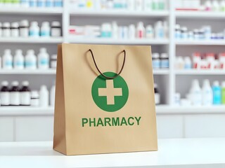 first aid box, Eco-friendly paper bag with green cross and pharmacy text on counter in pharmacy store. Blurred background with shelves of medicine and health products. Brown bag with handles on white 