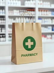 first aid box, Eco-friendly paper bag with green cross and pharmacy text on counter in pharmacy store. Blurred background with shelves of medicine and health products. Brown bag with handles on white 