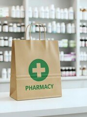 first aid box, Eco-friendly paper bag with green cross and pharmacy text on counter in pharmacy store. Blurred background with shelves of medicine and health products. Brown bag with handles on white 