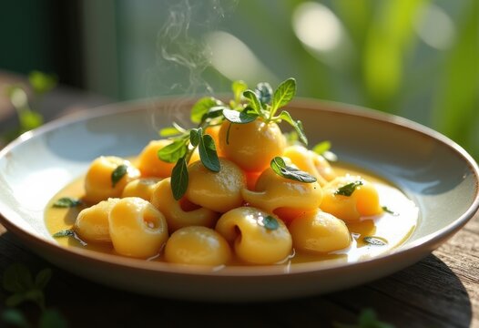 Savory Gnocchi Pasta Tossed in Nutty Sage Brown Butter Sauce nestled Among Delicate Micro Greens