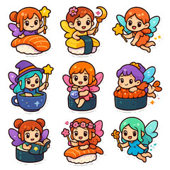 Cute chibi fairies with sushi and magical elements.