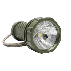 Naklejka premium Rugged Olive Green Tactical Flashlight with Cracked Lens and Lanyard isolated on transparent