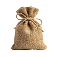 Rustic burlap drawstring pouch isolated on a dark void providing a sense of mystery