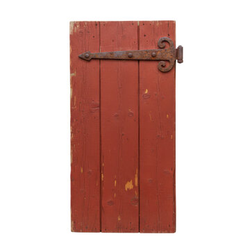 Rustic antique red wooden door with aged wrought iron hinge isolated on transparent background