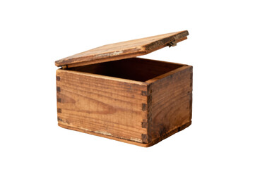 Rustic wooden container with lid partially open isolated on a dark backdrop