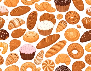 Assorted baked goods on white background, various bread and pastries