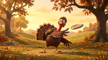 Turkey sport cartoon character in autumn park