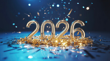 Golden 2026 numbers with falling confetti and bokeh lights new year celebration