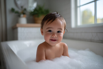 Adorable baby toddler in foam bath smiling at camera, soft natural light, cozy bathroom scene with plants and window