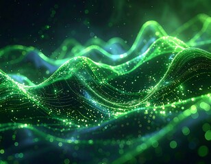 Glowing green waves of digital data particles