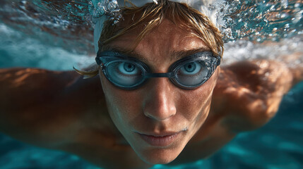 Young swimmer underwater with goggles, focused intense gaze, blue water and motion blur, athletic portrait capturing determination and aquatic movement