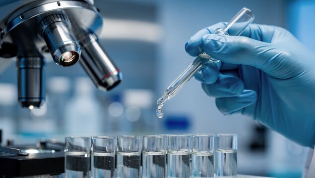 Scientist Hand Holding Dropper with Microscope in Laboratory Represents Medical Research, Vaccine Development, and Chemical Analysis