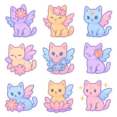 Obraz premium Cute winged cats with flowers in pastel colors.