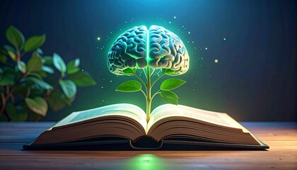 Glowing brain grows from open book on wooden desk with green plant