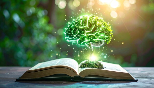 Sustainable knowledge growing from an open book in nature