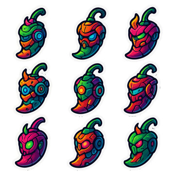 Colorful futuristic pepper robot stickers with nine unique designs.