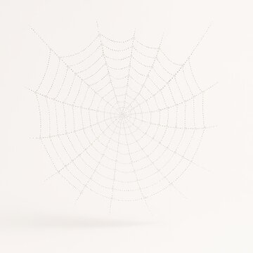 Spider web sprayed with fine mist suspended in air tiny dewdrops glistening along threads on white background delicate abstract nature texture for design and decor