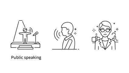 Public speaking icons: podium presenter, listening profile, and confident professional line art vector