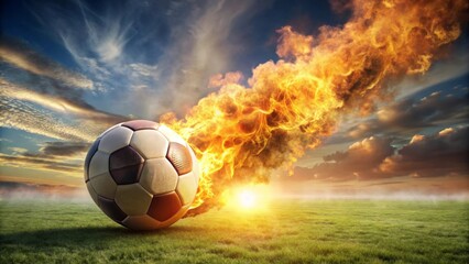 Fototapeta premium Fiery Soccer Ball Rolling Across a Verdant Field at Sunset with a Dramatic Sky
