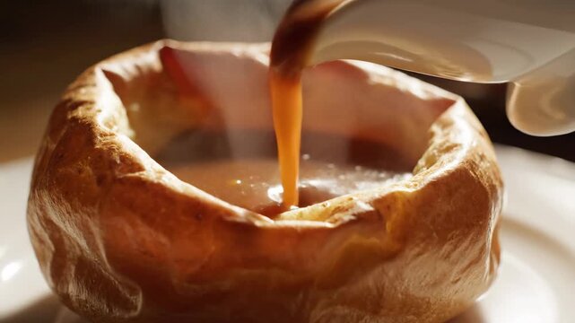Pouring a Rich, Savory Gravy Into a Crispy Yorkshire Pudding
