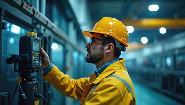 Industrial worker uses sound meter for noise level check in factory. Technician monitors equipment, ensures safety compliance. Blue collar job, occupational health and safety standards.