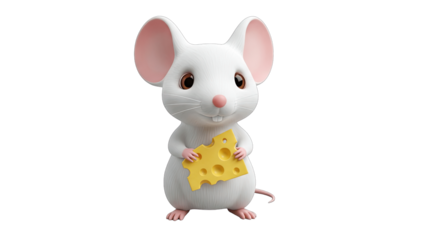 Cute Cartoon Mouse Holding Cheese on White Background