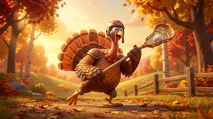 Turkey sport cartoon character in autumn park