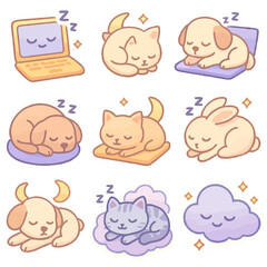Cute illustrations of sleeping animals on various cozy surfaces.