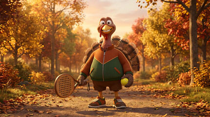 Turkey sport cartoon character in autumn park