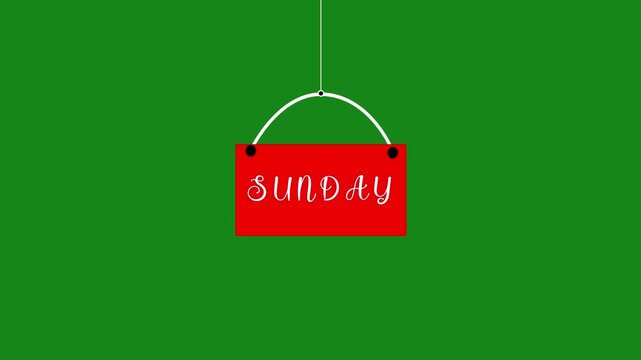 Sunday text week name icon animation hanging on strings. new modern digital week name Sunday text animation on green screen.