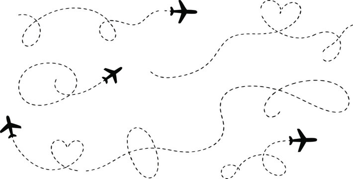 Airplane Flight Path Line Illustration Set