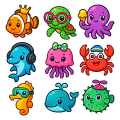 Naklejka premium Playful cartoon sea creatures with accessories.