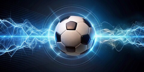Naklejka premium Futuristic Soccer Ball Enveloped by Dynamic Energy Waves and a Technological Interface