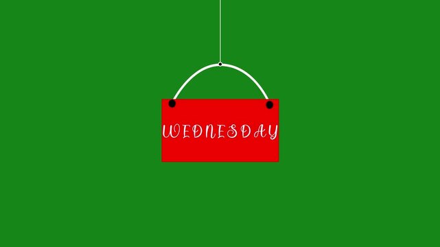 Wednesday text week name icon animation hanging on strings. new modern digital week name Wednesday text animation on green screen.