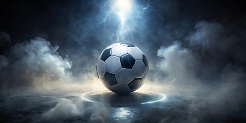 A lone soccer ball rests on a misty field, illuminated by a mysterious light, ready for the upcoming match