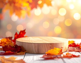 Autumn leaves frame a round wooden pedestal, bokeh background