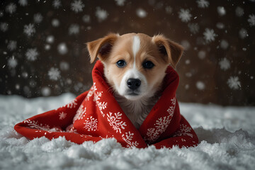A puppy wrapped in a red Christmas blanket with snowflakes falling around