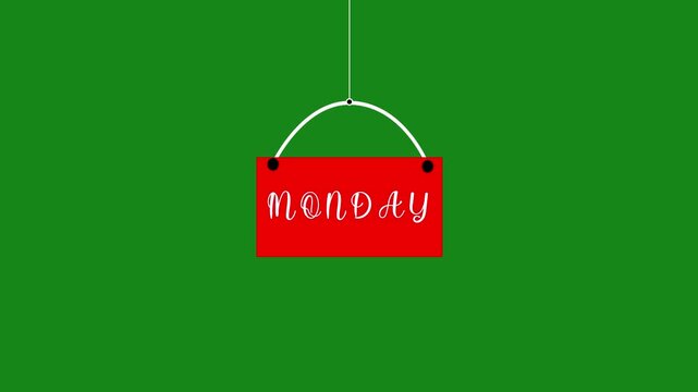 Monday text week name icon animation hanging on strings. new modern digital week name Monday text animation on green screen.