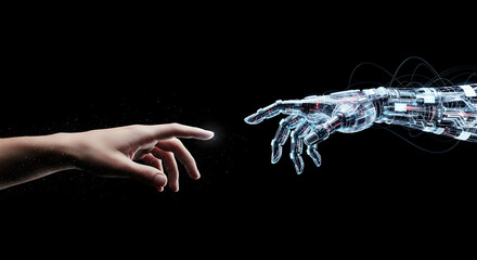 Human hand reaching to touch glowing robotic cyber hand with digital network lines. Symbol of artificial intelligence and human technology fusion. Future ai integration and man-machine connection