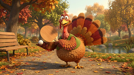 Turkey sport cartoon character in autumn park