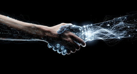 Human hand shaking robotic hand. Futuristic collaboration and partnership concept. Digital technology innovation for business and ai integration.