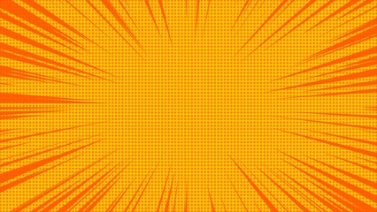 Yellow and orange pop art comic cartoon abstract background with radial stripes and halftone dotted texture © Erra