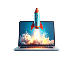 Rocket launch on laptop screen isolated on transparent background