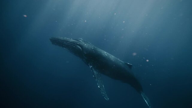 Humpback whale glides upward with slow steady rhythm, illuminated by pale surface glow above, mythical idyllic air bubbles floating between light rays