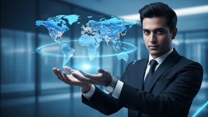 Man in suit presents a glowing digital world map surrounded by energetic blue light - Powered by Adobe