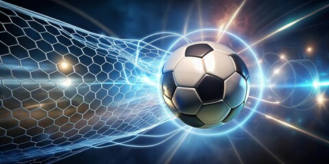 Naklejka premium Dynamic Soccer Ball Entering Goal Net with Futuristic Energy Trails