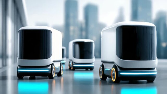 A row of self driving delivery robots moves through a glass walled urban environment, reflecting advanced smart city infrastructure. The scene highlights automation and futuristic logistics solutions