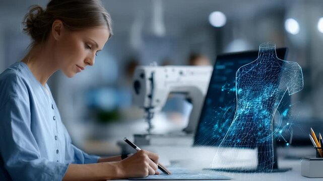 Focused woman works at a desk with digital tools, blending traditional sketching and virtual design. High tech hologram of a dress form highlights the integration of fashion and technology